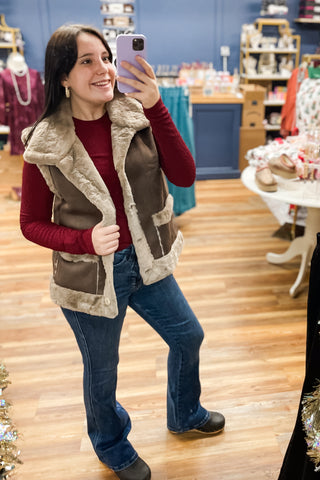 Bluivy Coco Brown Faux Suede Vest Faux Shearling Lined