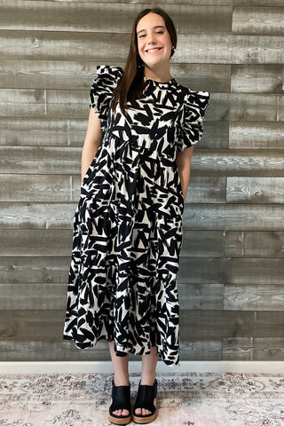 jodifl polyester midi black white abstract print dress ruffle sleeves