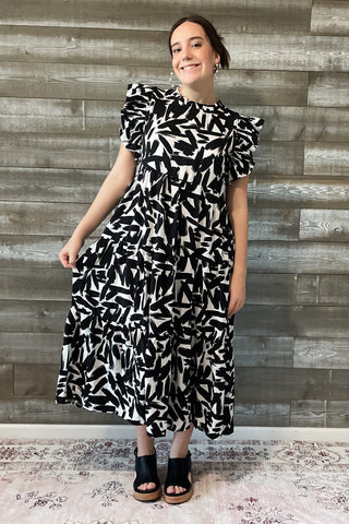 jodifl polyester midi black white abstract print dress ruffle sleeves G10170