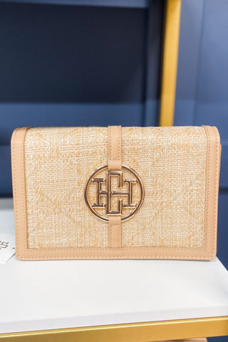 Caroline Hill Cecilia Circle Logo Handbag Clutch Crossbody Convertible Purse Natural Lattice Straw Purse