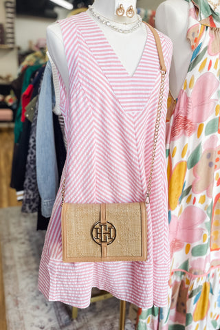 Caroline Hill Cecilia Circle Logo Handbag Clutch Crossbody Convertible Purse Natural Lattice Straw Purse