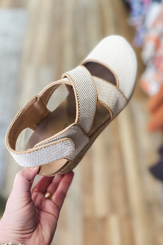 Corkys Footwear Caramel Combo Case Closed Criss Cross Wedge Closed Toe Shoe