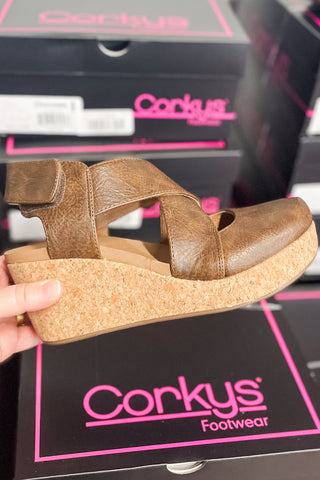Corkys Footwear Case Closed criss cross wedge shoe in chocolate brown velcro closure