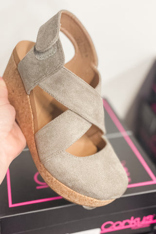 Corkys Footwear Case Closed criss cross wedge shoe in grey faux suede velcro closure
