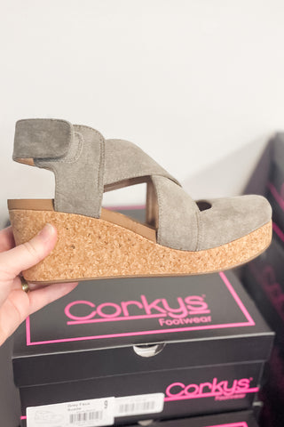 Corkys Footwear Case Closed criss cross wedge shoe in grey faux suede velcro closure