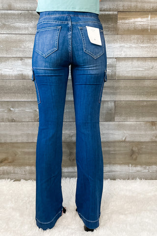 cello pull on flare jegging cargo pocket jeans in dark wash AB39077DK