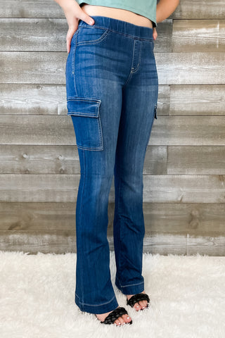 cello pull on flare jegging cargo pocket jeans in dark wash AB39077DK