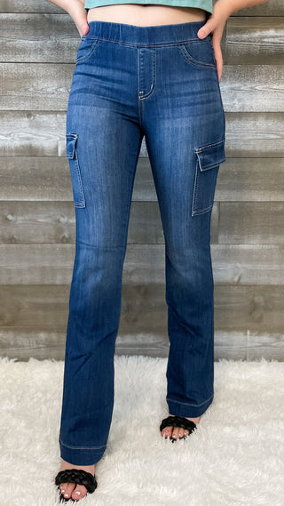 cello pull on flare jegging cargo pocket jeans in dark wash AB39077DK