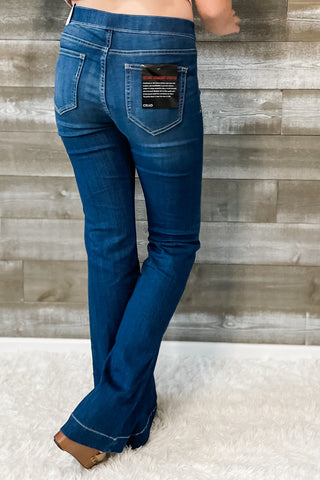 cello jeans mid rise pull on flare jegging in dark wash AB35324DK