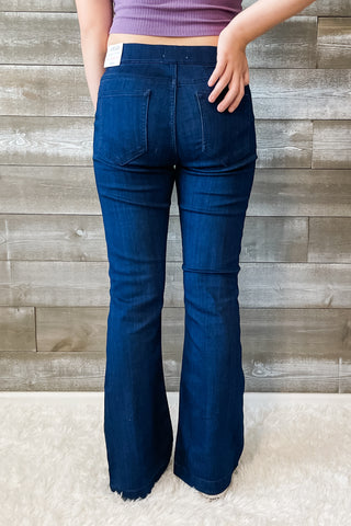 cello jeans dark trouser wash pull on petite flare jeans in a jegging style AB34432DK