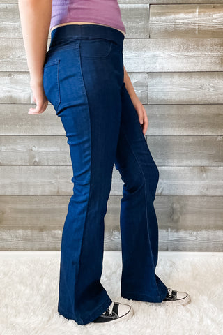 cello jeans dark trouser wash pull on petite flare jeans in a jegging style AB34432DK