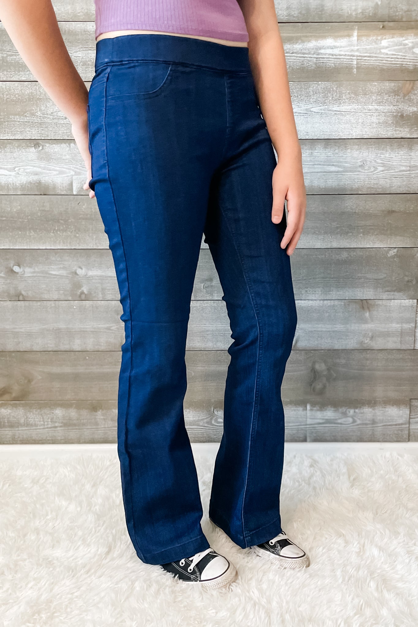 cello mid rise pull on elastic waist flare jeans petite length