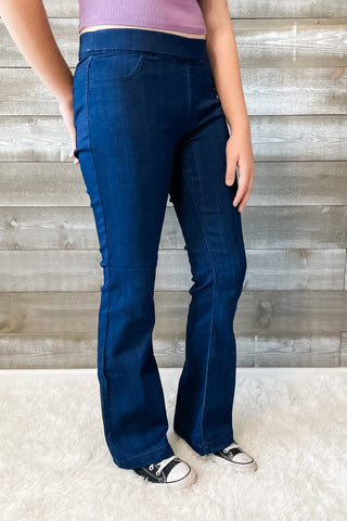 cello jeans dark trouser wash pull on petite flare jeans in a jegging style AB34432DK