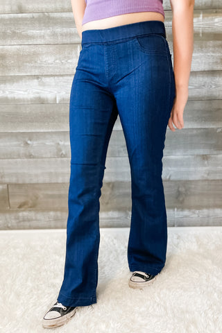 cello jeans dark trouser wash pull on petite flare jeans in a jegging style AB34432DK