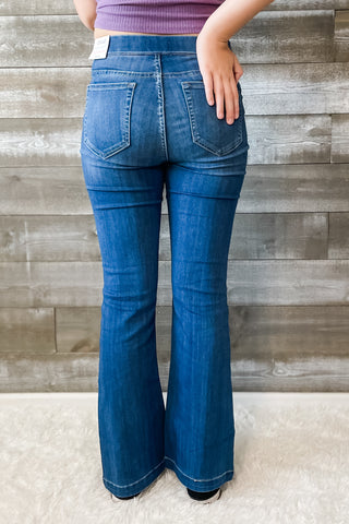 cello jeans medium wash pull on petite flare jeans in a jegging style AB35324M-30