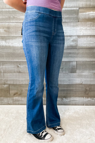 cello jeans medium wash pull on petite flare jeans in a jegging style AB35324M-30