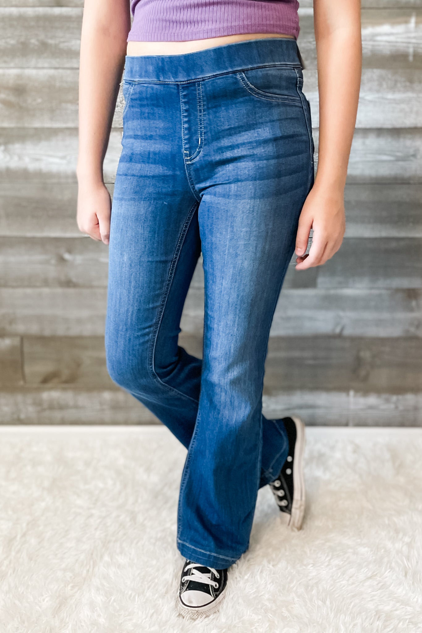 cello mid rise pull on elastic waist flare jeans petite length