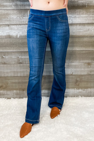 cello jeans dark wash pull on petite flare jeans in a jegging style AB35324DK - 30