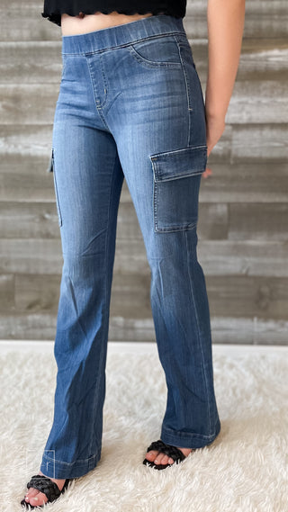 cello pull on flare jegging cargo pocket jeans in dark wash AB39077M