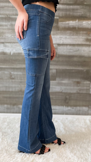 cello pull on flare jegging cargo pocket jeans in dark wash