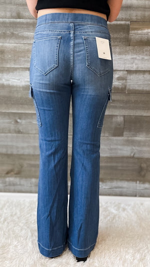 Cargo Pocket Mid-Rise Flare Jeans