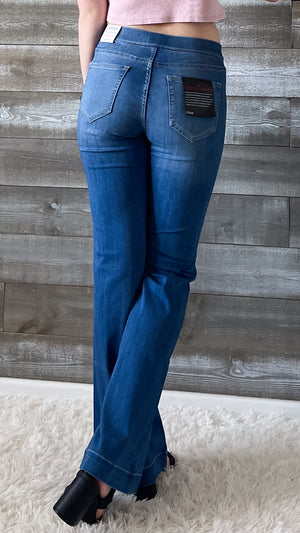 cello mid rise pull on elastic waist flare jeans surplus pockets medium wash denim AB36651M