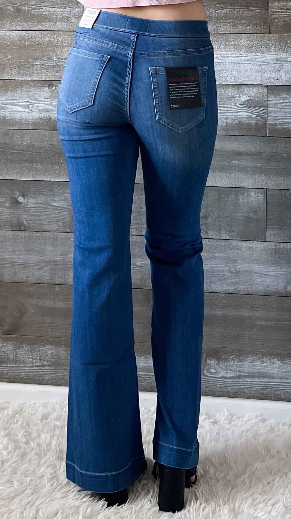 cello mid rise pull on elastic waist flare jeans surplus pockets medium wash denim AB36651M