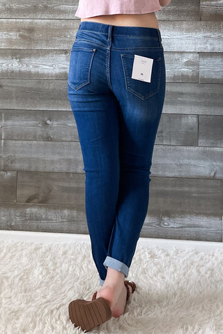 cello jeans pull on skinny crop mid rise jeans with rolled hem in medium wash AB76535M