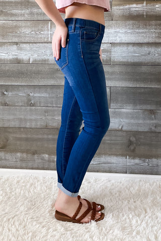 cello jeans pull on skinny crop mid rise jeans with rolled hem in medium wash AB76535M