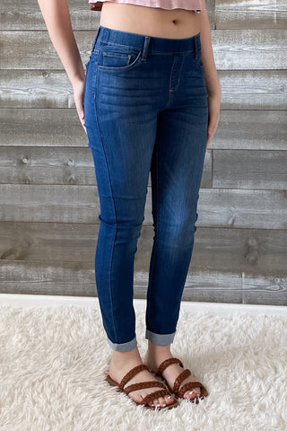 cello jeans pull on skinny crop mid rise jeans with rolled hem in medium wash AB76535M