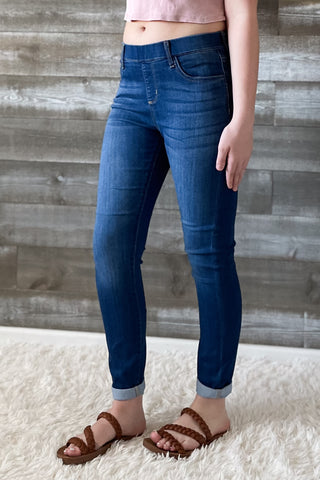 cello jeans pull on skinny crop mid rise jeans with rolled hem in medium wash AB76535M