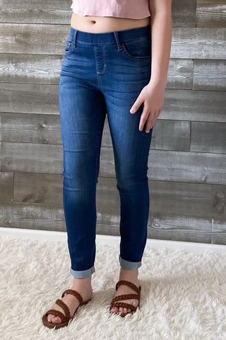 cello jeans pull on skinny crop mid rise jeans with rolled hem in medium wash AB76535M