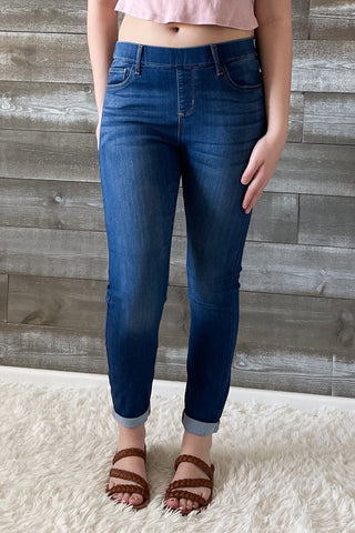 cello jeans pull on skinny crop mid rise jeans with rolled hem in medium wash AB76535M