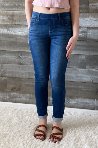 cello jeans pull on skinny crop mid rise jeans with rolled hem in medium wash AB76535M