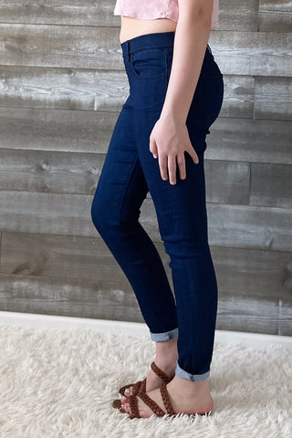 cello jeans pull on skinny crop mid rise jeans with rolled hem in dark denim AB76535R