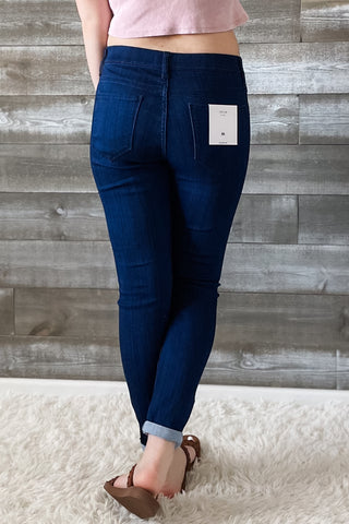 cello jeans pull on skinny crop mid rise jeans with rolled hem in dark denim AB76535R