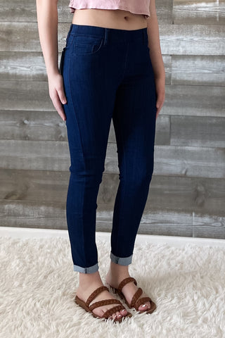 cello jeans pull on skinny crop mid rise jeans with rolled hem in dark denim AB76535R