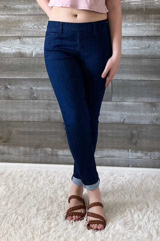 cello jeans pull on skinny crop mid rise jeans with rolled hem in dark denim AB76535R