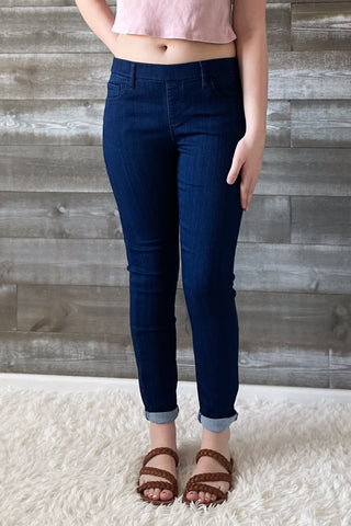 cello jeans pull on skinny crop mid rise jeans with rolled hem in dark denim AB76535R