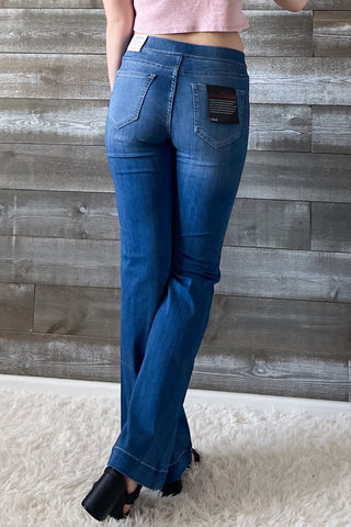 cello mid rise pull on elastic waist flare jeans surplus pockets medium wash denim AB36651M