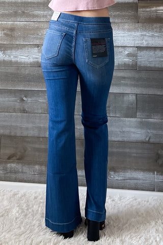 cello mid rise pull on elastic waist flare jeans surplus pockets medium wash denim AB36651M