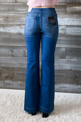 cello mid rise pull on elastic waist flare jeans surplus pockets medium wash denim AB36651M