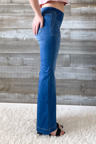 cello mid rise pull on elastic waist flare jeans surplus pockets medium wash denim AB36651M