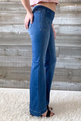 cello mid rise pull on elastic waist flare jeans surplus pockets medium wash denim AB36651M