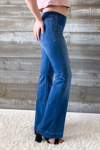 cello mid rise pull on elastic waist flare jeans surplus pockets medium wash denim AB36651M