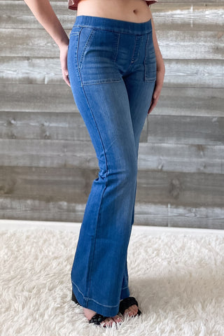 cello mid rise pull on elastic waist flare jeans surplus pockets medium wash denim AB36651M