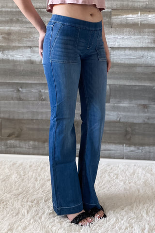 cello mid rise pull on elastic waist flare jeans surplus pockets medium wash denim AB36651M