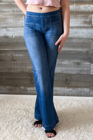 cello mid rise pull on elastic waist flare jeans surplus pockets medium wash denim AB36651M