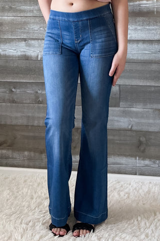 cello mid rise pull on elastic waist flare jeans surplus pockets medium wash denim AB36651M