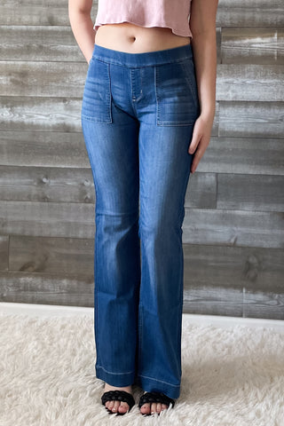 cello mid rise pull on elastic waist flare jeans surplus pockets medium wash denim AB36651M